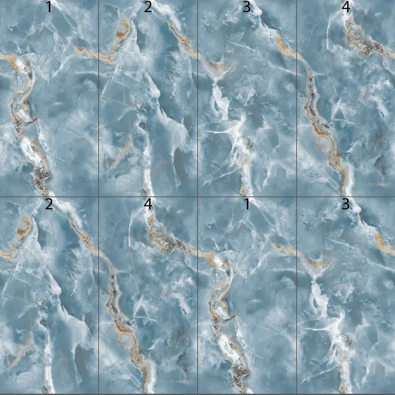 Schema di posa di piastrelle effetto onice azzurro 60×120 con le facce grafiche numerate