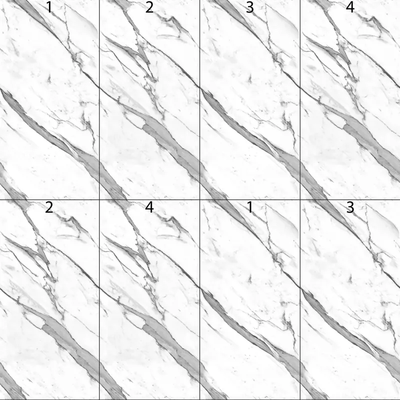 Schema di posa di piastrelle effetto marmo Statuario 60×120 con le quattro facce grafiche numerate da 1 a 4